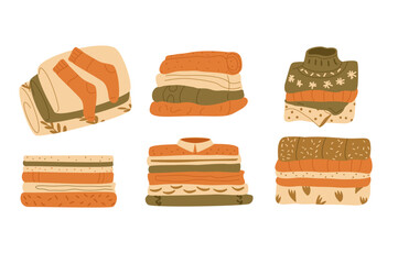 Laundry pile set. Stack of washed clothes and home textile. Sweaters and dress vector flat illustration collection isolate on white background.