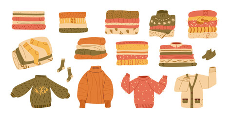 Sweaters and jumpers set. Stack of clothes. Warm knitted cardigans and pile of winter and fall apparel. Vector flat illustration isolated on white background.