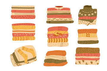 Laundry pile set. Stack of washed clothes and home textile. Sweaters and dress vector flat illustration collection isolate on white background.