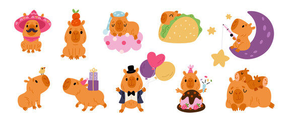 Fototapeta premium Cute capybaras. Cartoon exotic animal characters. Large rodents with baby. Jungle inhabitants. Wild nature creature. Happy rat with cake. Mammal sleeping in burrito. Garish vector set