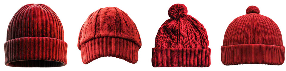 Red cotton winter cap isolated on transparent background, Set of