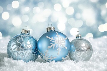 Blue Christmas Ornaments on a Light Blurred Background.