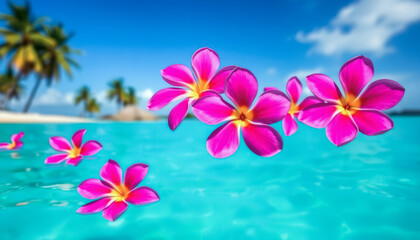 Pink tropical flowers float on clear turquoise water with a beach and palm trees in the background under blue sky. Tropical pink flowers floating on turquoise ocean with palm trees in background