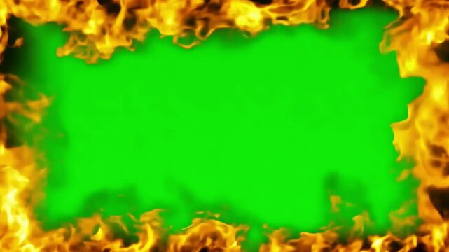 fire frame effect on green screen, Fiery flames form a rectangular border surrounding a solid green background, generative ai