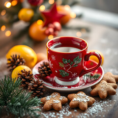 Christmas tea cup with cinnamon and cookies, Christmas background