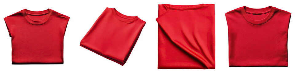 Red folded T shirt isolated on transparent background, Set of
