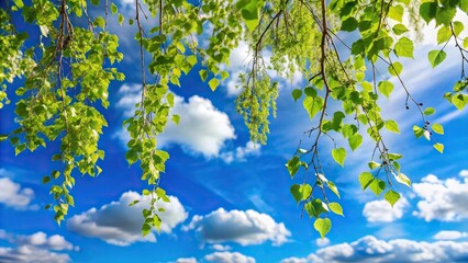 blue sky with clouds and birch branches in forced perspective