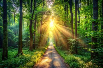 Naklejka premium bright light illuminating serene forest path background from high angle view