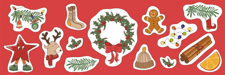 New Year's Eve stickers in a groovy style. Christmas wreath, deer, socks, hat, star, tangerine, garland. Vector illustration.