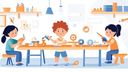 Children engaged in creative workshop building mechanical models together,Kid Inventors' Day