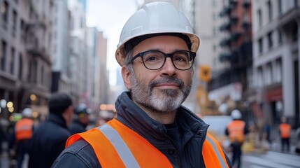 Fototapeta premium Confident Construction Worker in Urban Setting with Safety Gear