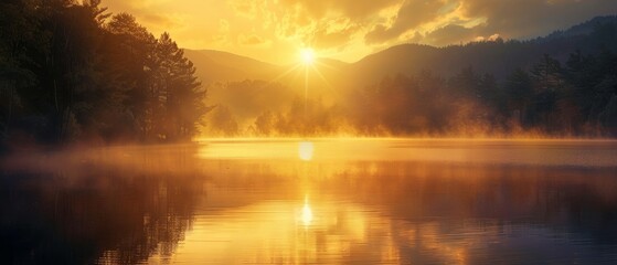 Naklejka premium of a golden sunrise over a misty lake, surrounded by mountains and a serene forest backdrop