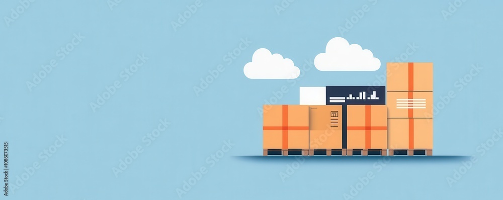 Wall mural supply chain automation, cloud-based interface with analytics and workflow, flat design illustration