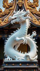 Fototapeta premium Striking White Marble Dragon Statue in Defensive Pose on Pedestal with Lavishly Ornamented Building Backdrop
