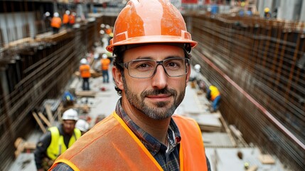 Confident Construction Worker Overseeing a Busy Site
