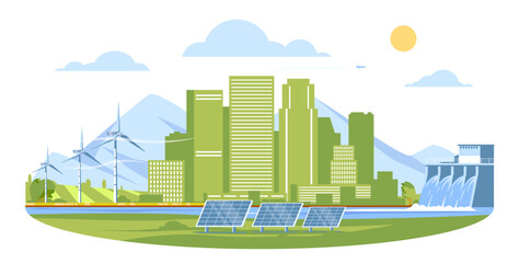 Obraz premium Alternative energy city. Eco friendly urban complex. Solar panel. Wind generator. Hydroelectric power plant. Environment conservation technologies. Modern skyscrapers. Vector concept