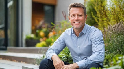 Obraz premium Confident Middle-Aged Man Smiling in a Lush Garden Setting