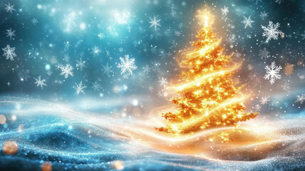 Glowing light wave Christmas tree with snowflakes