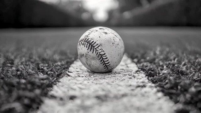 A black-and-white close-up of a worn baseball lying on the infield chalk line. The background is softly blurred, highlighting the textured surface of the ball