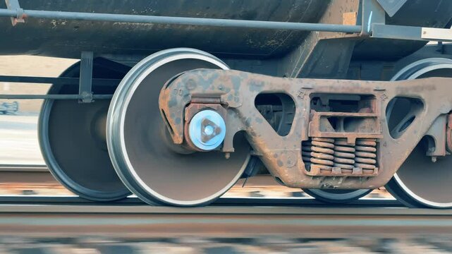 A unique tracking detailed view of the wheel mechanism on a cargo train while traveling on railroad tracks. Shot at 60fps for optional slow motion use.	