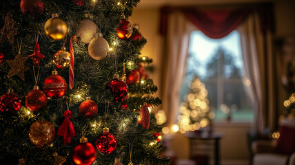 Fototapeta premium Glittering Christmas Tree with Ornaments and Gifts 