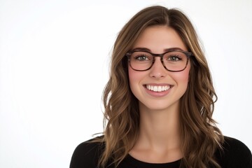 Fototapeta premium Happy smiling young adult woman wearing luxury stylish eyeglasses looking at camera isolated on white background. advertising glasses or optics store promotion.