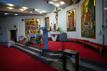 View of altar Inside of church in Dlhe Diely, Karlova Ves, Bratislava