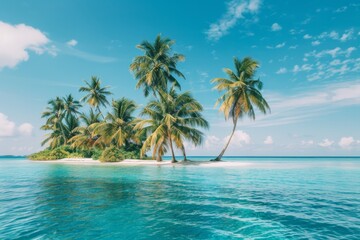 a serene tropical island with swaying palm trees and crystal-clear blue water, ideal for a perfect