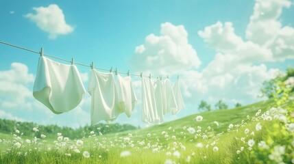 Snow-white clothes hanging on a clothesline on a sunny day. The background is a blue sky with white clouds and a green field decorated with daisies.