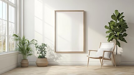 Fototapeta premium Minimalist Living Room Interior Design with Empty Frame and Plants