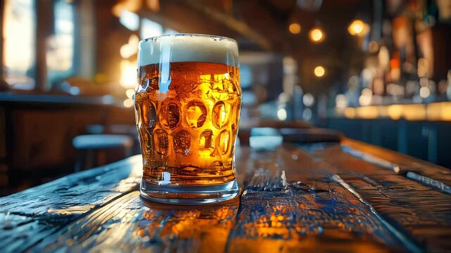 A cold glass of beer on a pub counter, with warm lighting and soft bokeh in the background