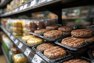 Fototapeta premium Fresh selection of packaged meat patties in a grocery store aisle display