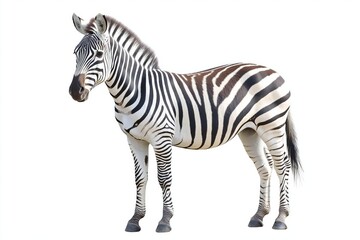 A zebra standing on a white background. The zebra is the main focus of the image, and it is looking straight ahead. The white background emphasizes the zebra's black and white stripes