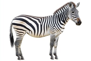Fototapeta premium A zebra standing on a white background. The zebra is the main focus of the image, and it is looking straight ahead. The white background emphasizes the zebra's black and white stripes