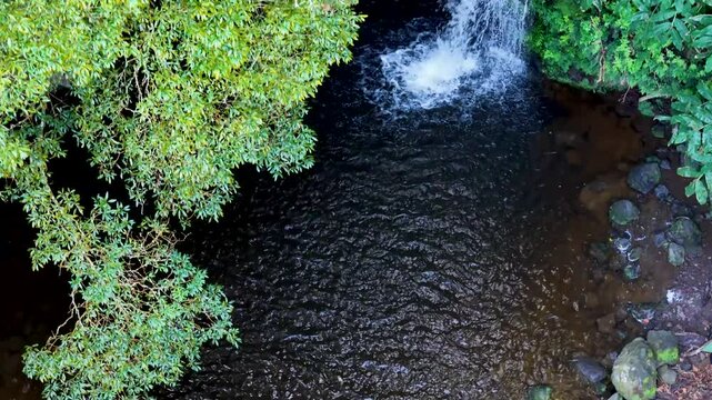 Poco Azul the blue lagoon of the Azores, Sao Miguel, Portugal. Aerial 4K drone video footage of Poco Azul waterfall