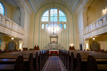 Main aisle leading to pulpit in Reformed christian church in Slovakia