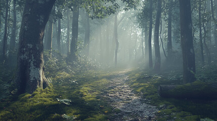 Obraz premium Forest Pathway with Sunlight Beams