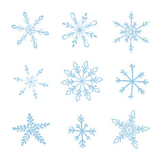 Fototapeta premium Set of vector blue snowflakes in flat style isolated on white background. New Year design elements, frozen symbol, hand drawn vector illustration. Snowflake for the design of cards, wrapping paper