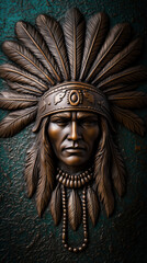 Intricate bronze tribal mask sculpture featuring a detailed feather headdress, textured against a dark green background, showcasing exquisite craftsmanship and cultural artistry