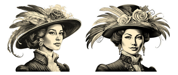 Vintage woman illustration PNG set with elegant elements vintage illustration isolated on transparent background, featuring women in period attire with elaborate hats adorned with feathers, cutout