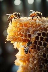 Bees on honeycomb, glistening with fresh honey.