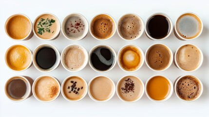 Assortment of take away paper coffee cups with various flavors, a top view on a white background.
