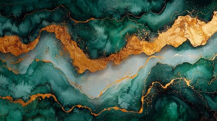 Abstract art featuring swirling green and gold patterns.