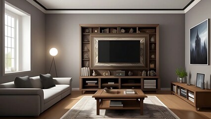 stylish modern living room with a flat screen TV, elegant furnishings, and a warm, inviting ambiance.