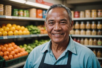 Fototapeta premium Close portrait of a smiling senior Micronesian male grocer standing and looking at the camera, Micronesian grocery store blurred background