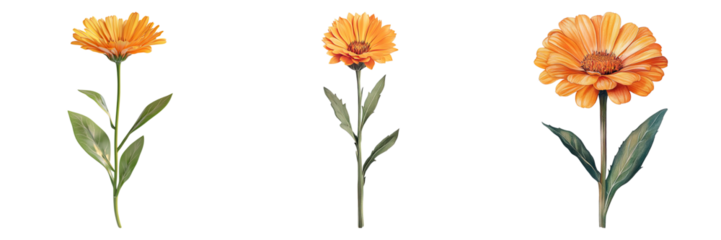 Calendula flower isolated on transparent background, Set of