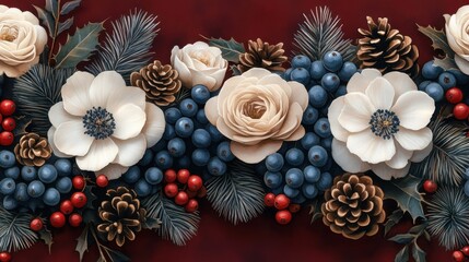 Fototapeta premium A seamless beautiful winter floral pattern with pine cones, white flowers, and vibrant blue berries, and red holly berries on a dark navy background, watercolor illustration