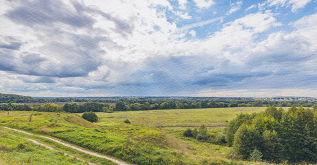 Cloudy sky with a field of grass in the background