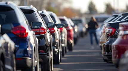 Obraz premium Long Line of Cars in Parking Lot Auto Dealership Transportation