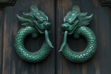 Two green dragon shaped handles are decorating a wooden door, adding a touch of mythical charm and elegance